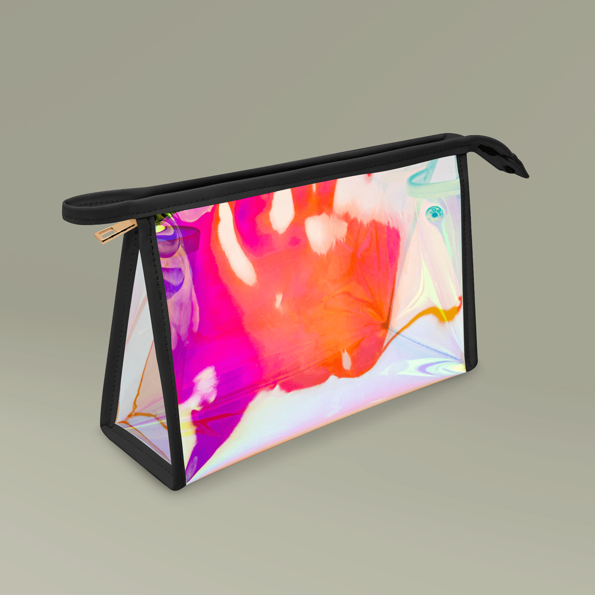 Plain black holographic makeup bag, front view — view 2