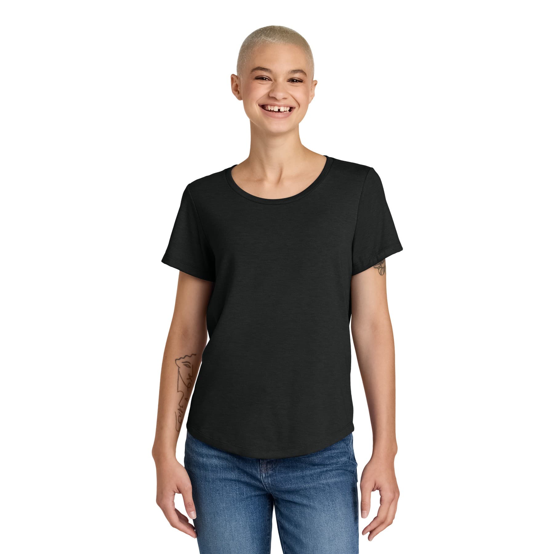 Plain space black women's relaxed tri-blend scoop neck tee, front view — view 4