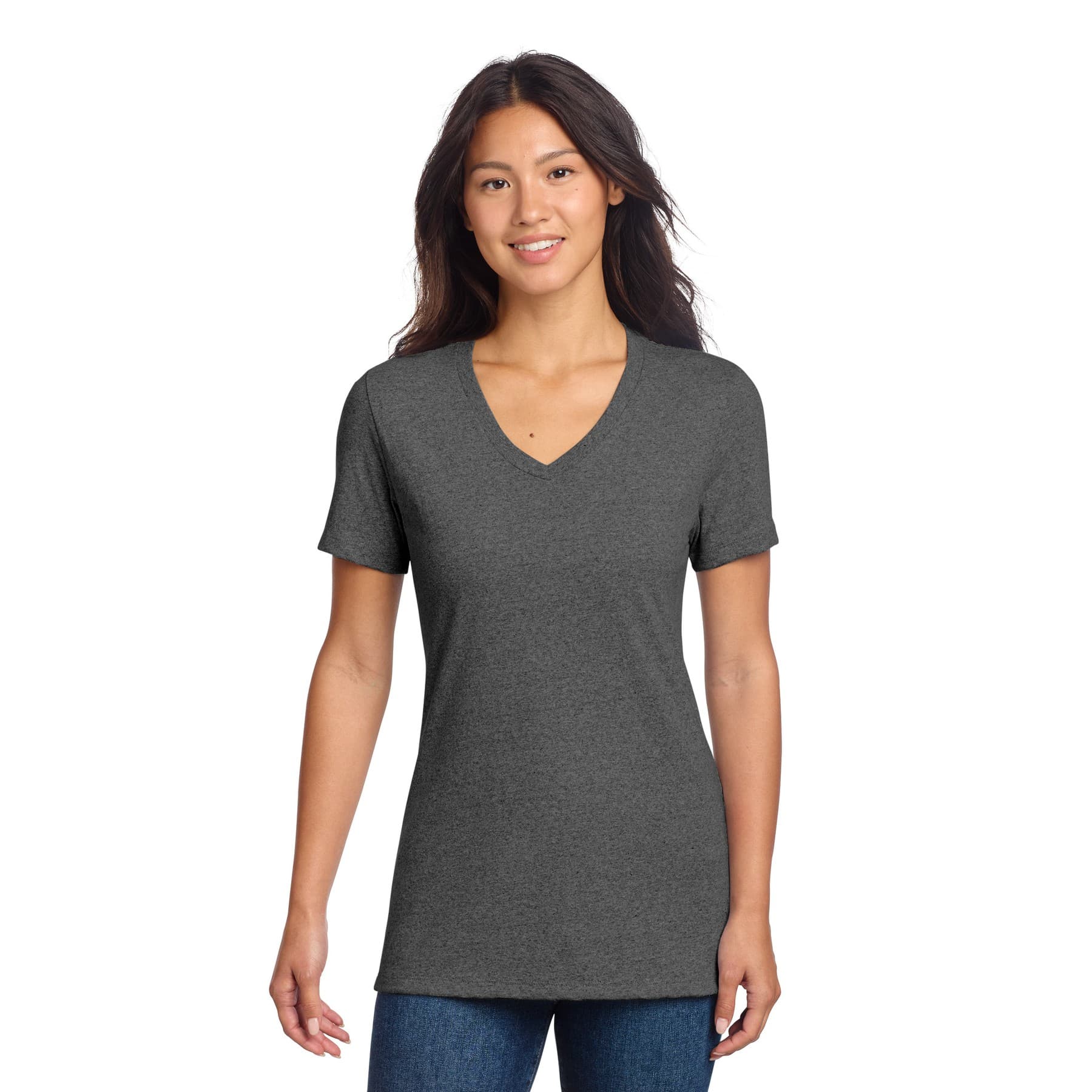 Plain reloaded charcoal heather women's recycled blend v-neck tee, front view — view 2