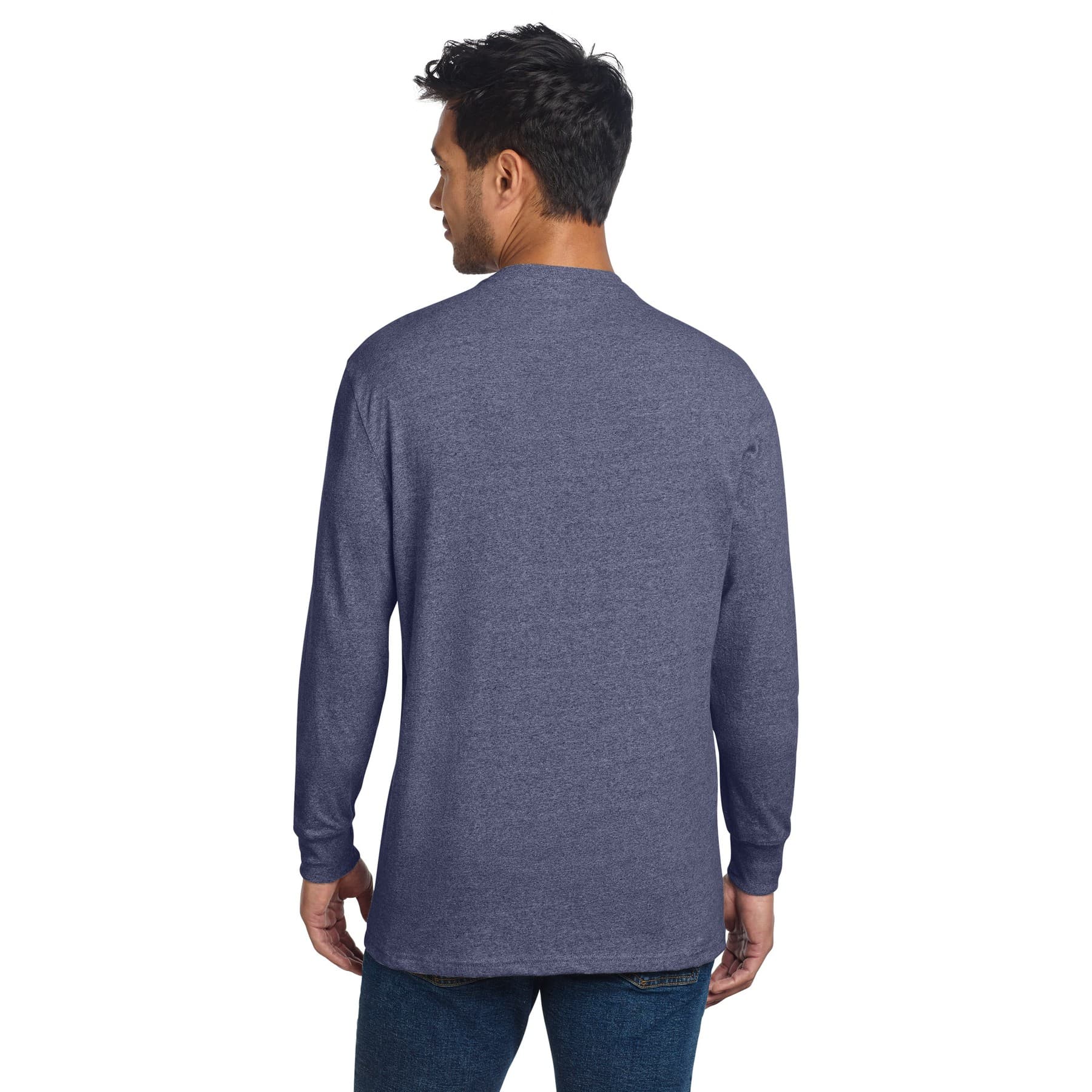 Plain salvaged navy heather unisex long sleeve recycled blend tee, front view — view 2
