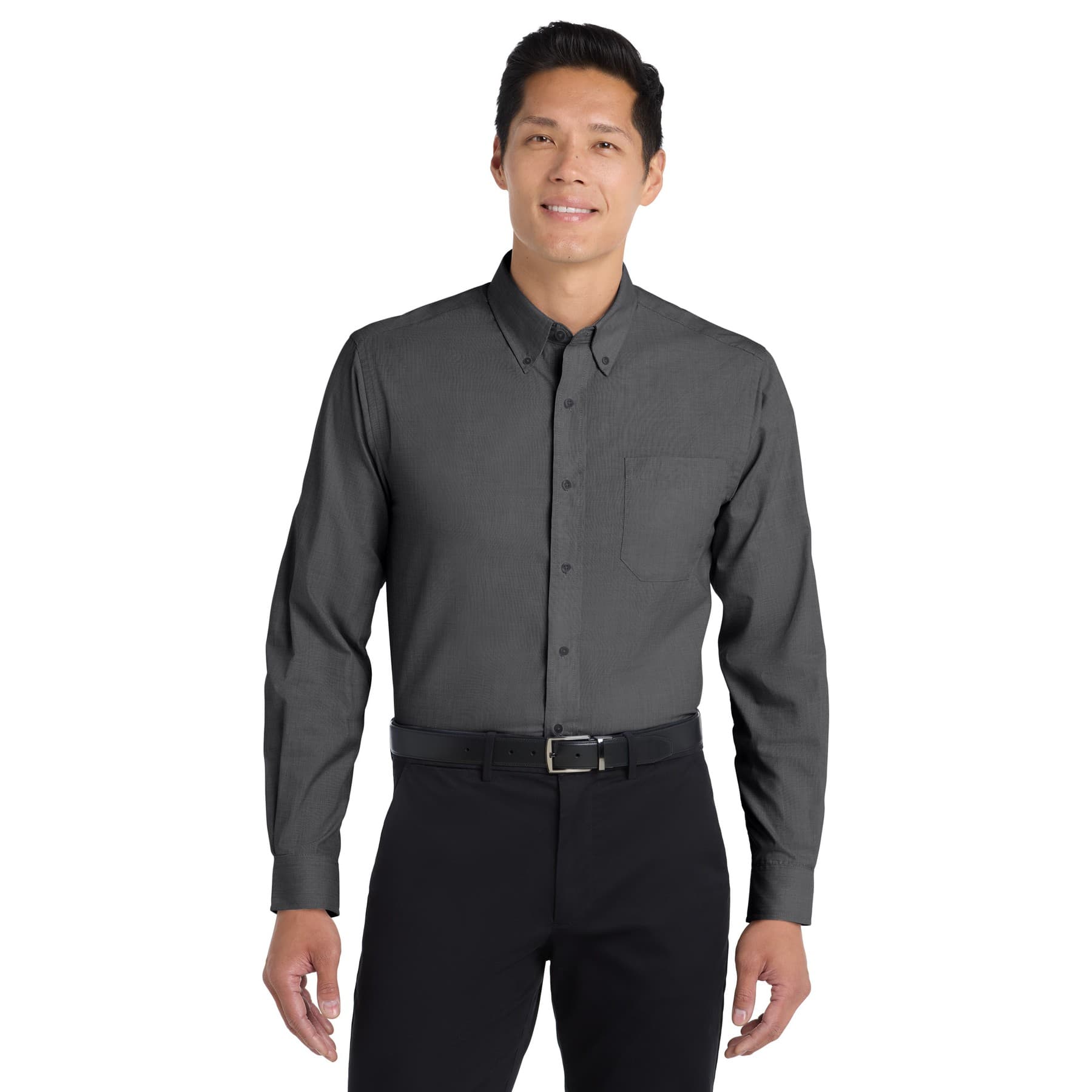 Plain soft black tall crosshatch easy care shirt, front view — view 2