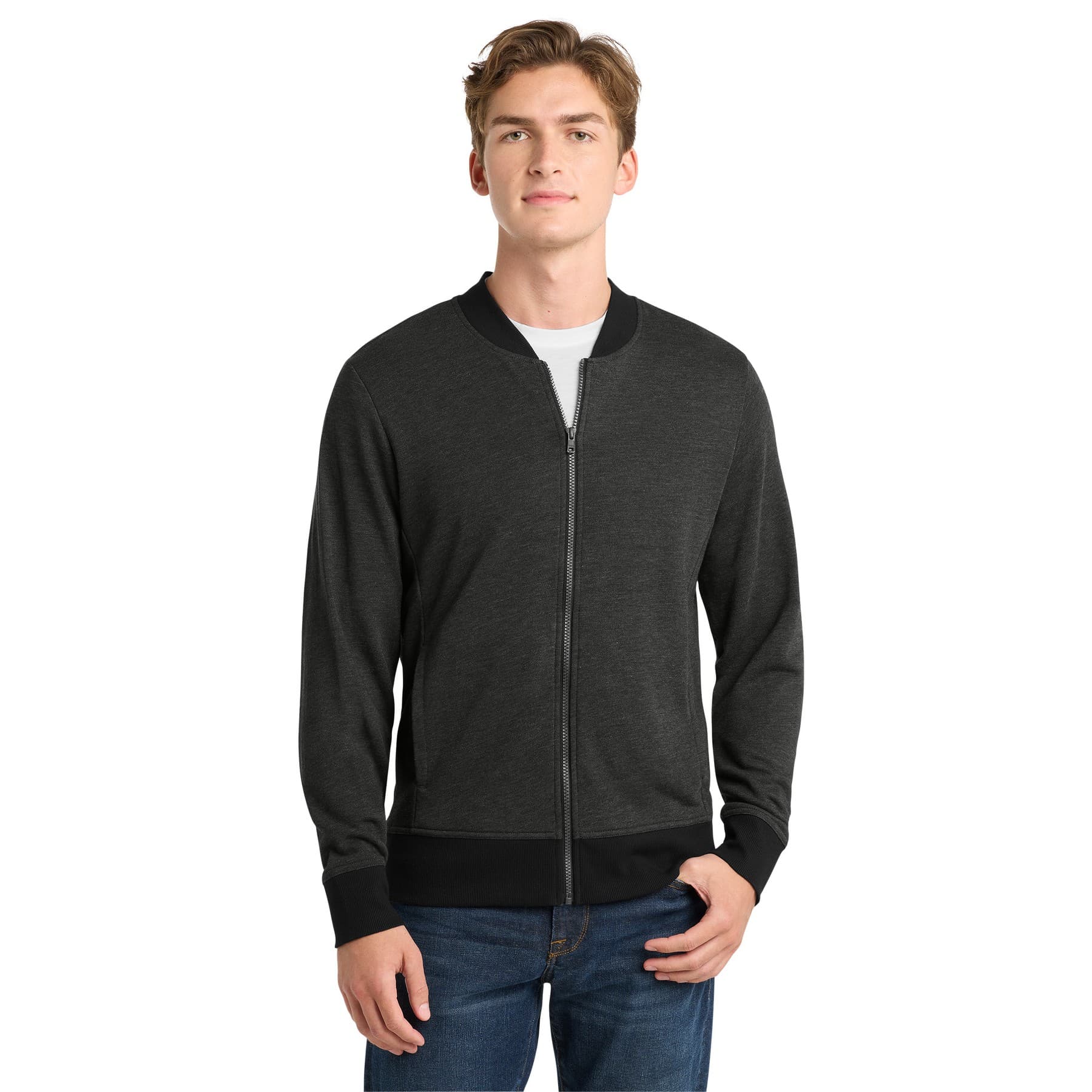 Plain heather black lightweight french terry bomber, front view — view 2