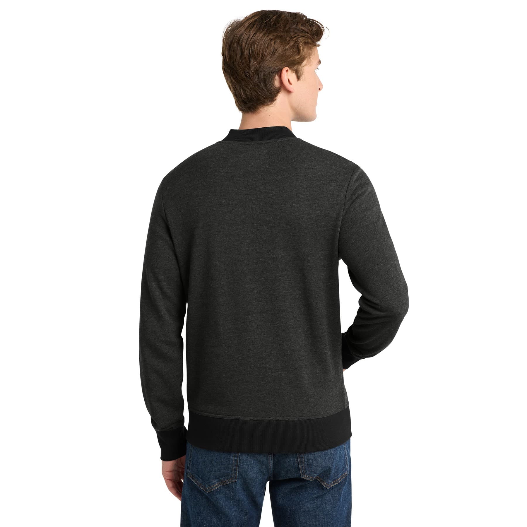 Plain heather black lightweight french terry bomber, front view — view 3