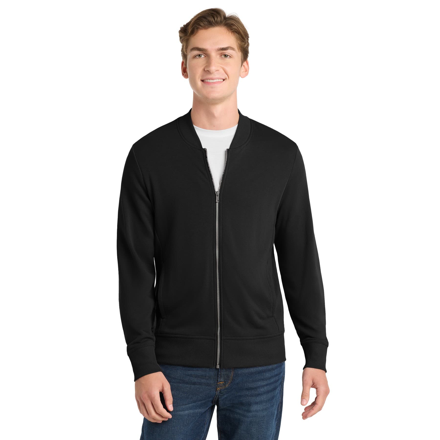 Plain heather black lightweight french terry bomber, front view — view 4