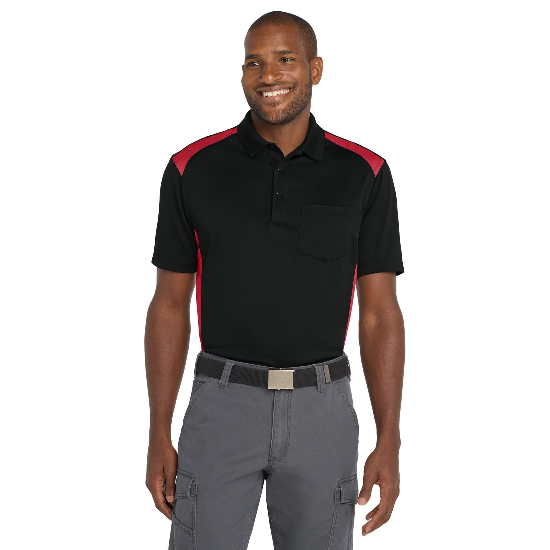 Plain black/ red select snag-proof two way colorblock pocket polo, front view — view 2