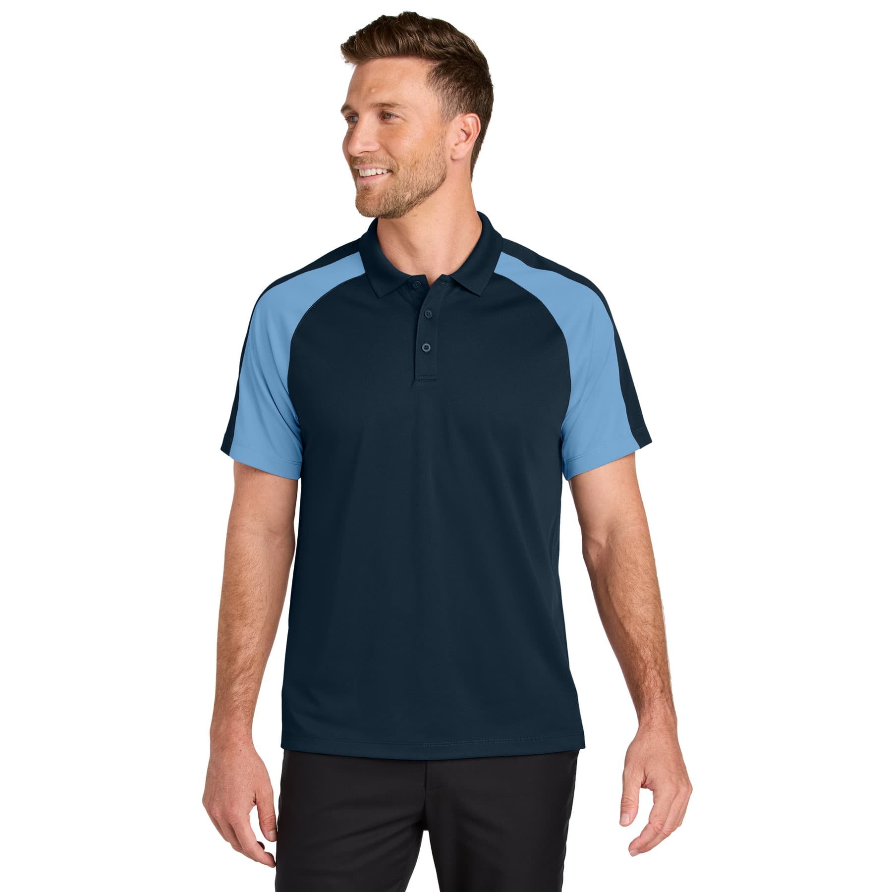 Plain storm grey/ gusty grey wearever performance pique colorblock polo, front view — view 4