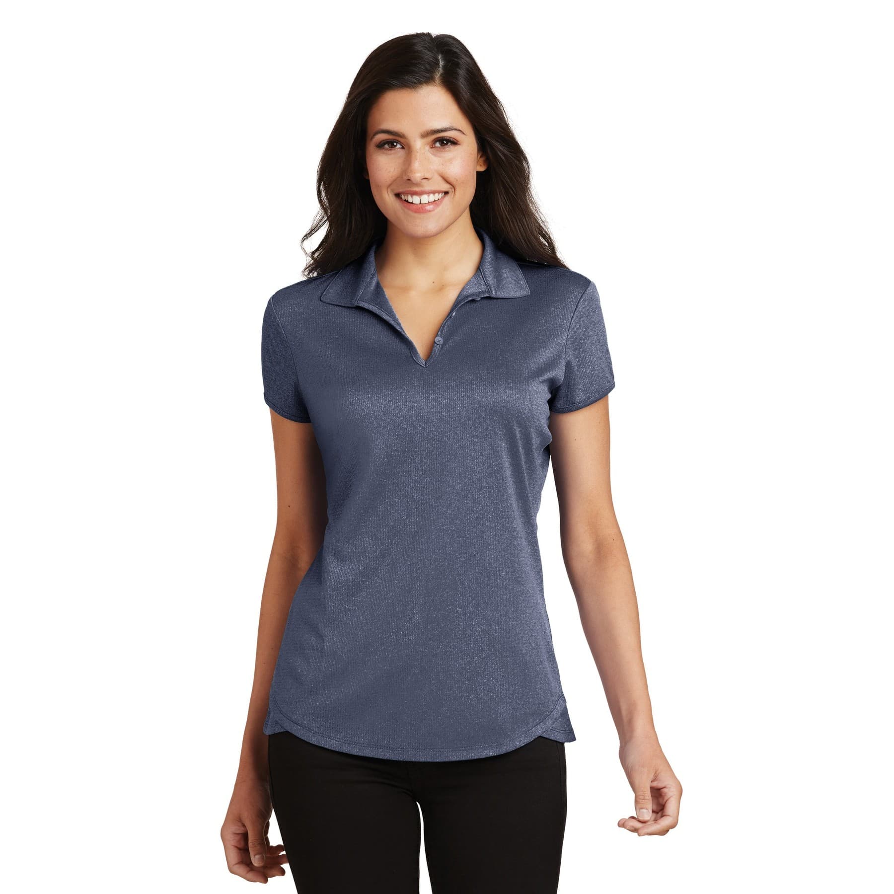 Plain true navy heather women's trace heather polo, front view — view 2