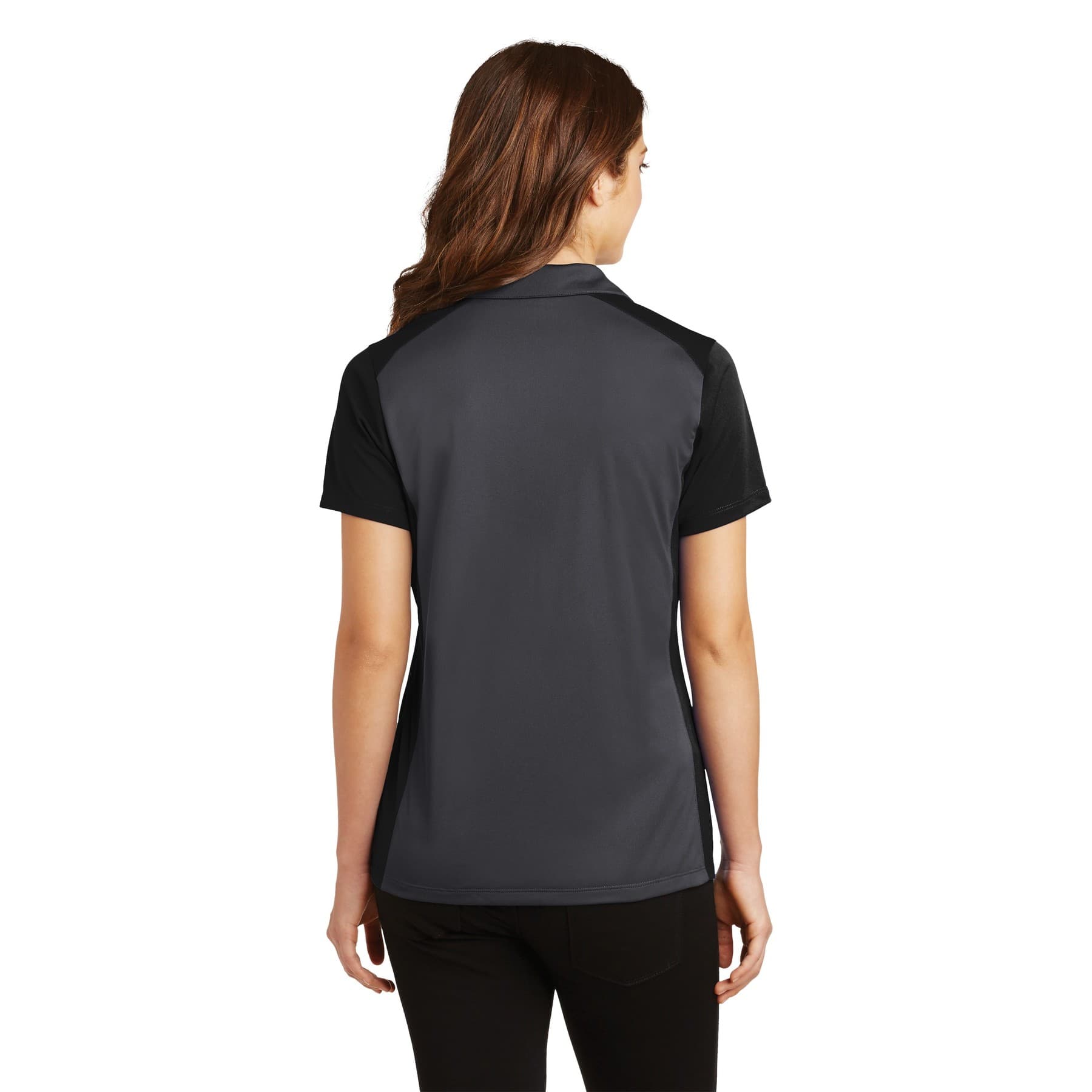 Plain iron grey/ black women's colorblock micropique sport-wick polo, front view — view 2
