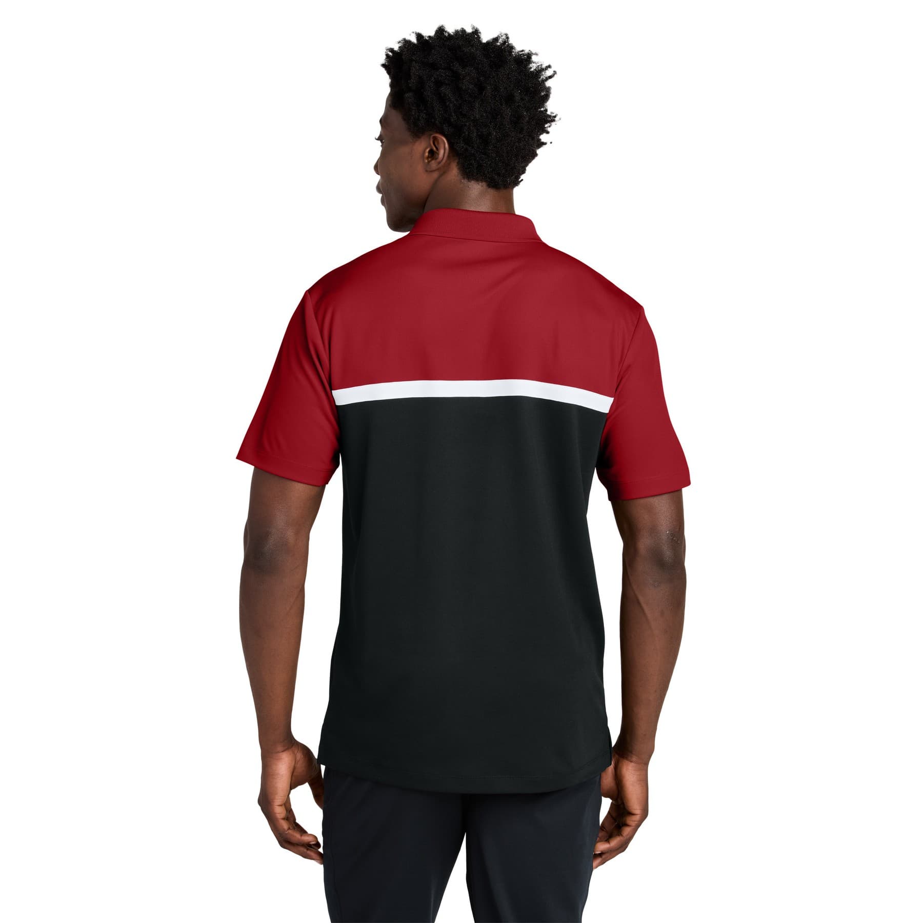 Plain deep red/ black/ white uv micropique colorblock polo, front view — view 3