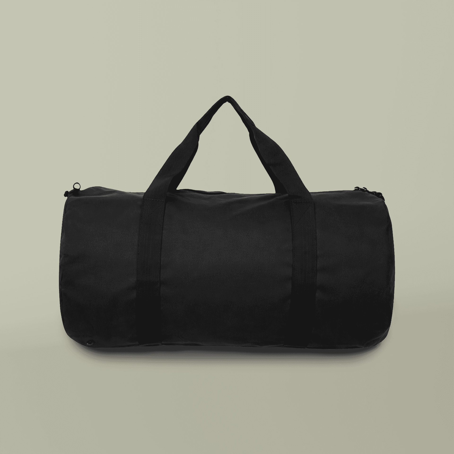 Plain black tripper duffel bag, front view