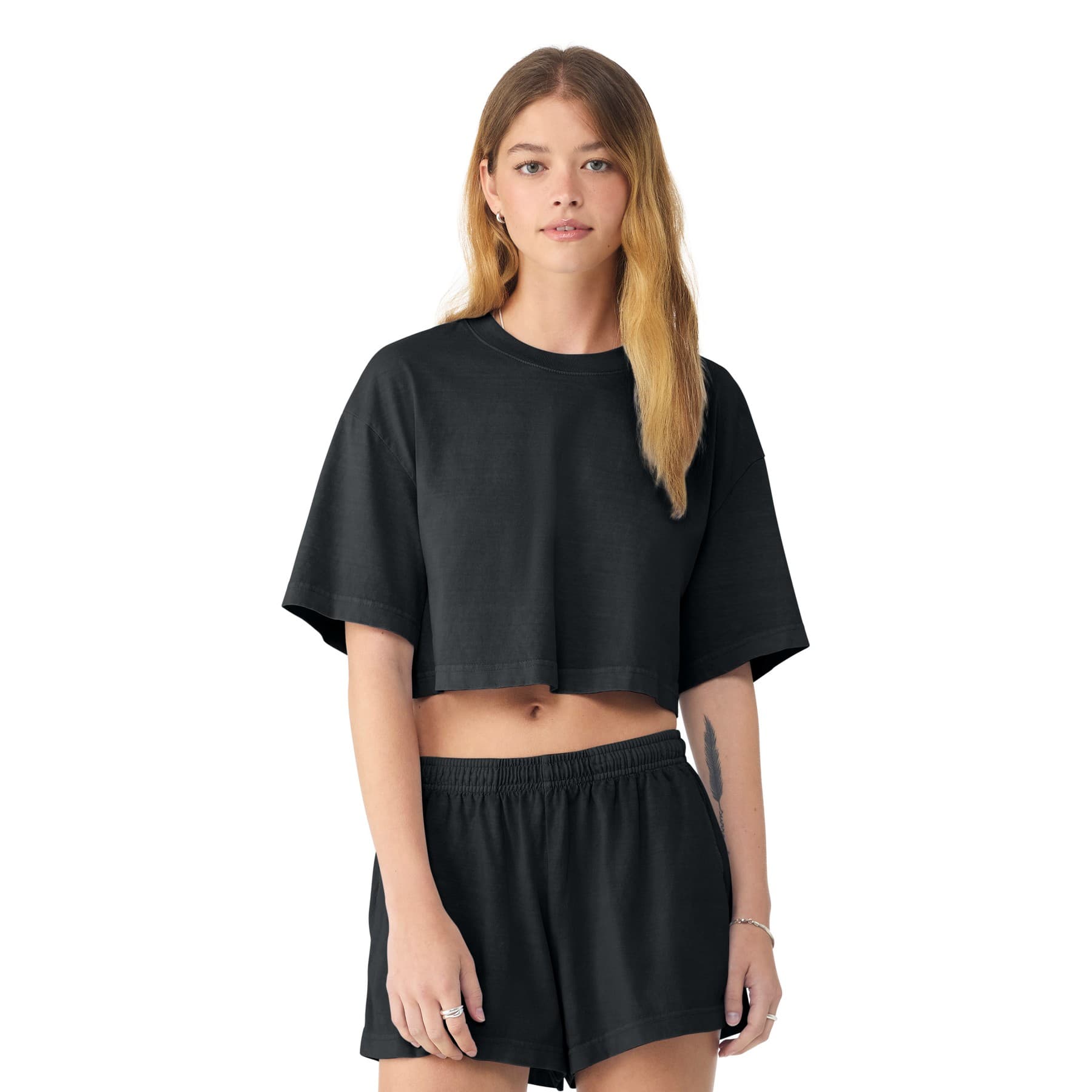 Plain washed black women's cropped cotton t-shirt, front view — view 2