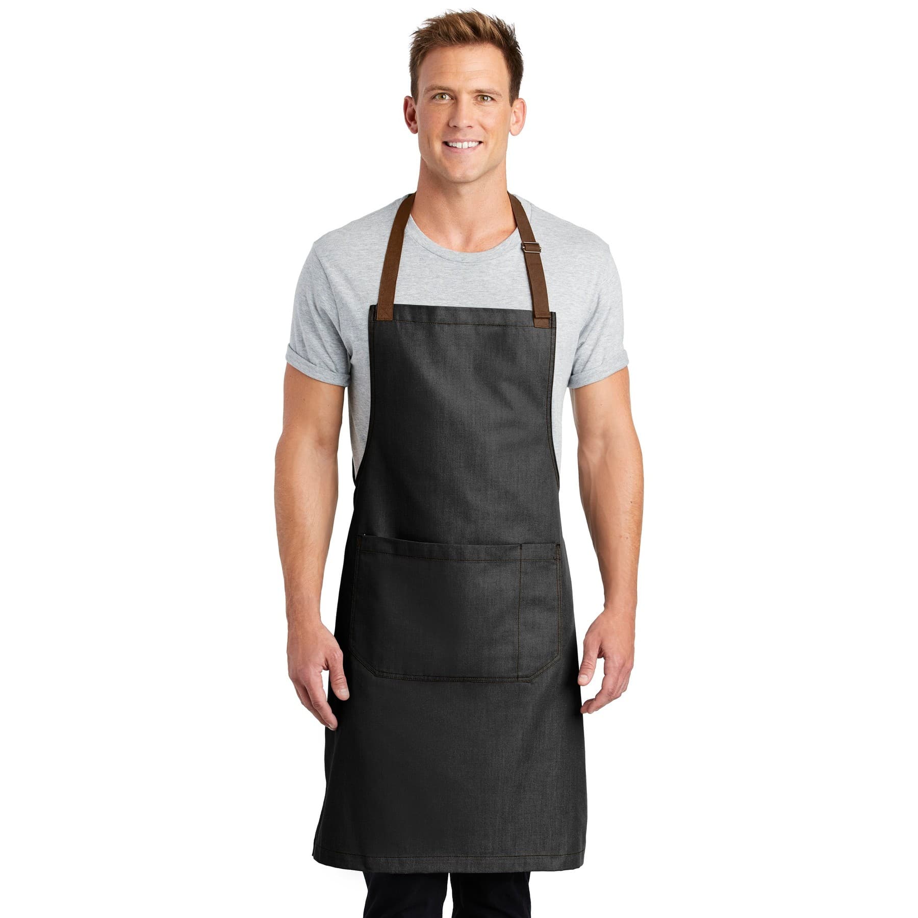 Plain ash grey market full-length bib apron, front view — view 3