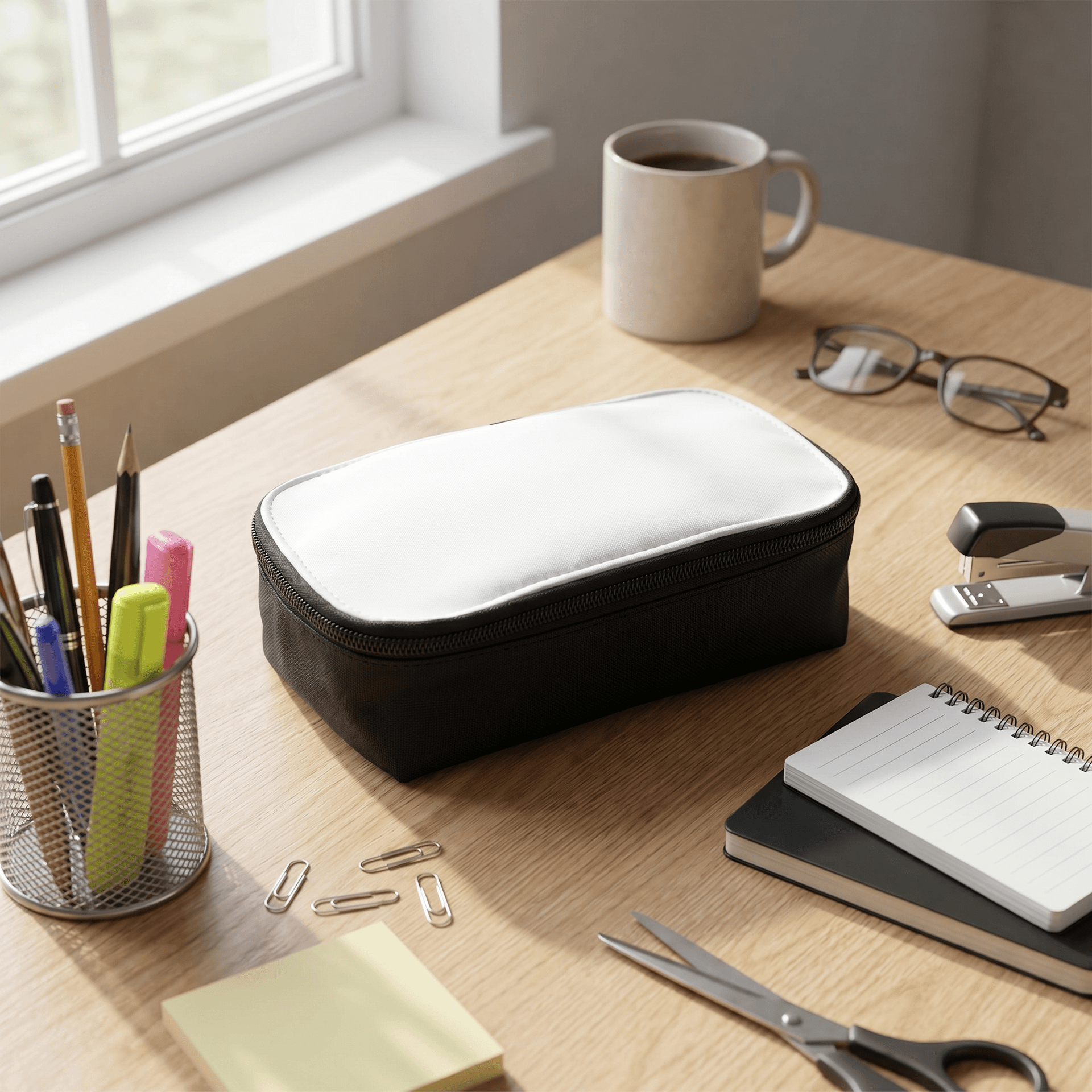 Plain black polyester pencil case, front view