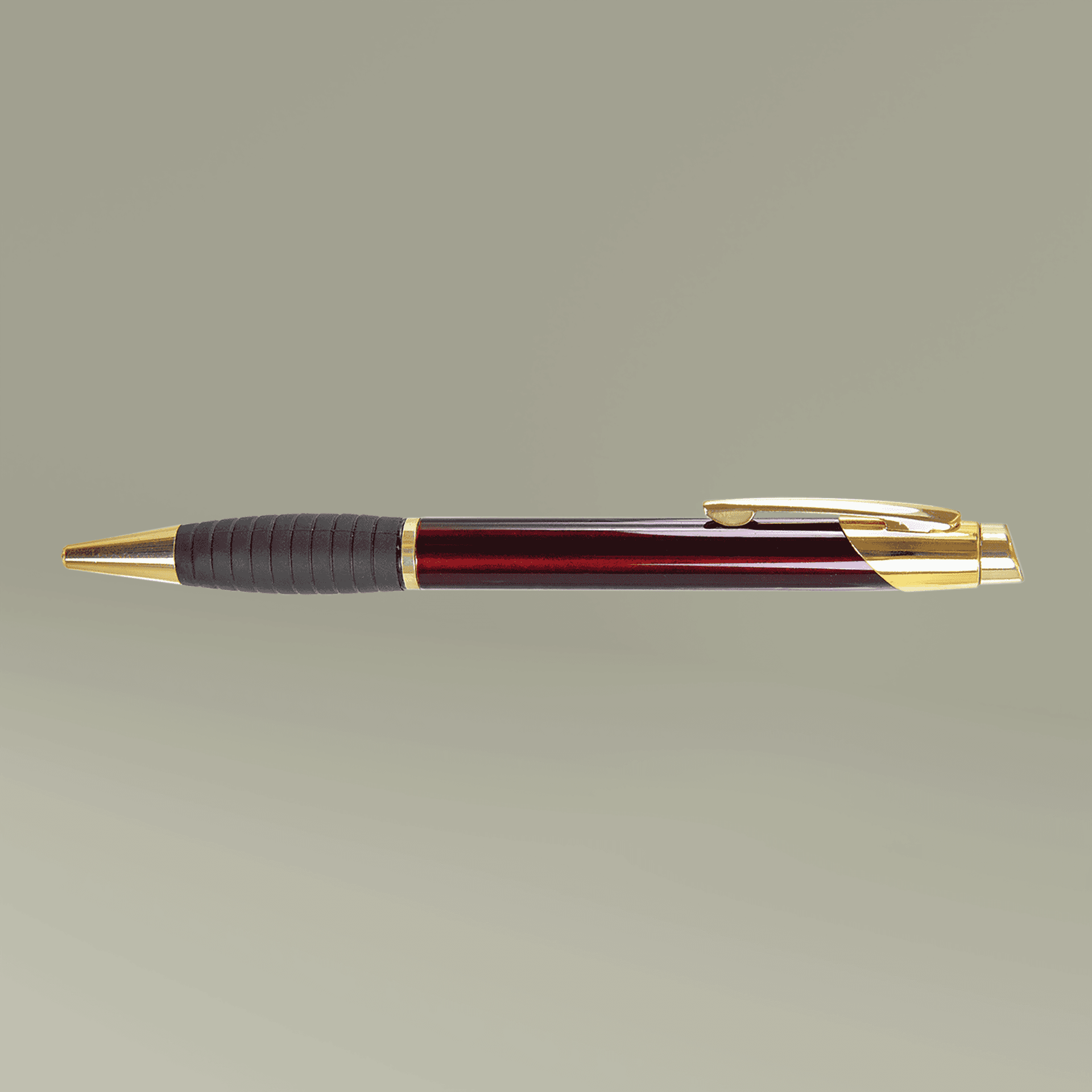 Plain gloss burgundy brass ballpoint pen with gripper (engraving), front view