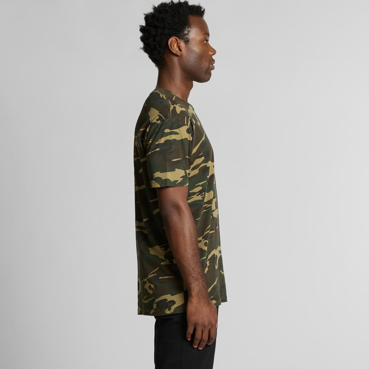 Plain black camo staple camo tee, front view — view 5