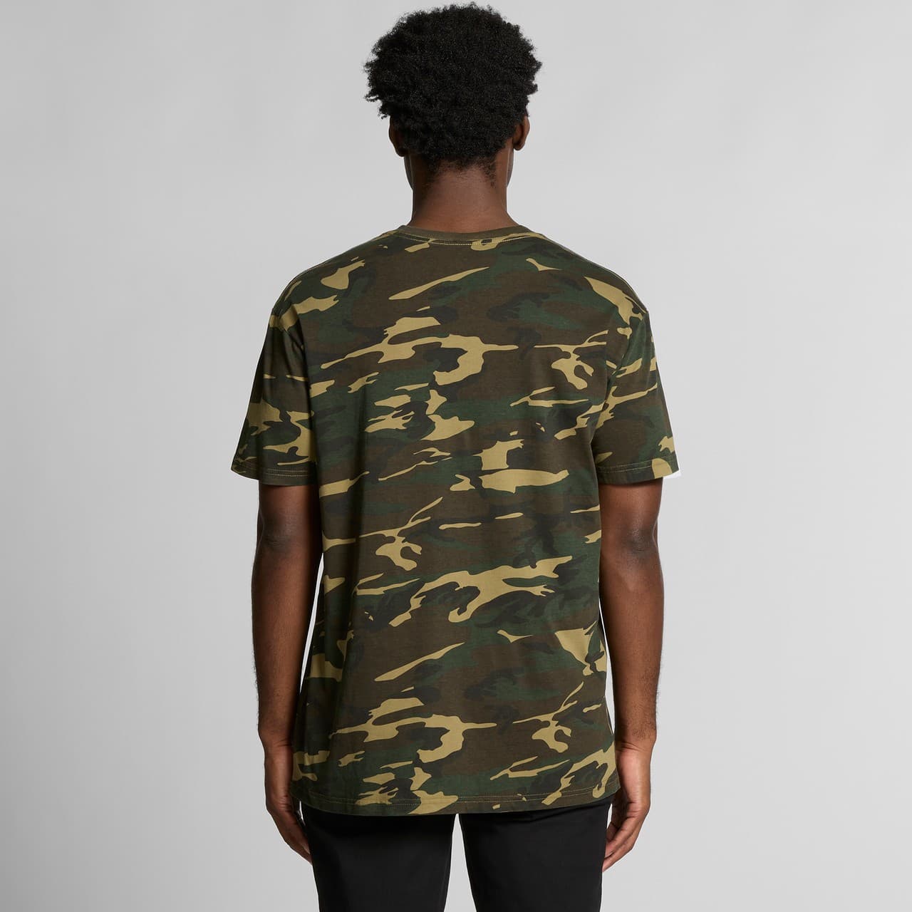 Plain black camo staple camo tee, front view — view 6