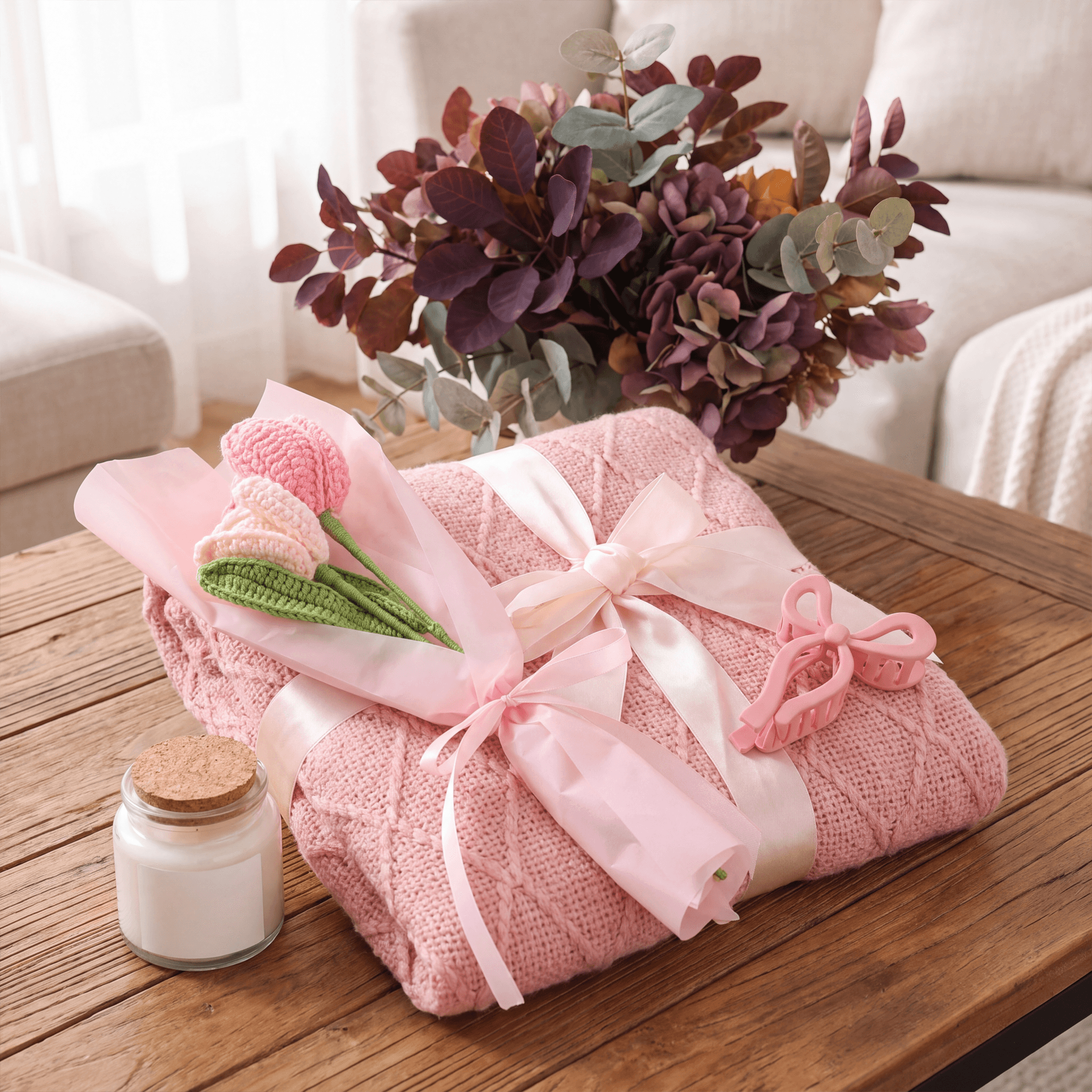 Plain clear 4-piece blush & bloom gift set (candle, blanket, crochet bouquet, bow clip), front view — view 2