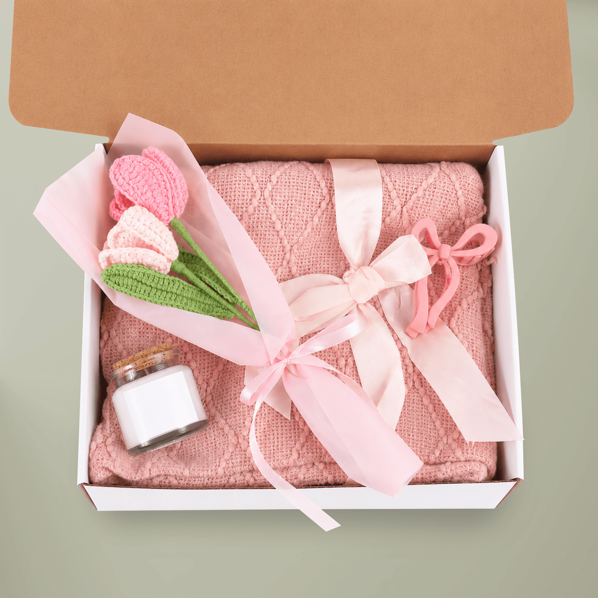 Plain clear 4-piece blush & bloom gift set (candle, blanket, crochet bouquet, bow clip), front view — view 4