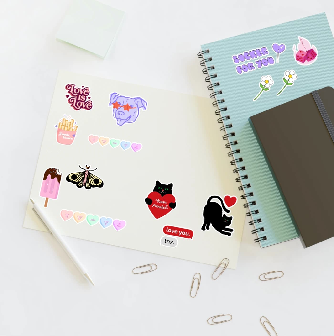 A sticker sheet. Elements need roughly a quarter inch between them to be cut apart reliably.