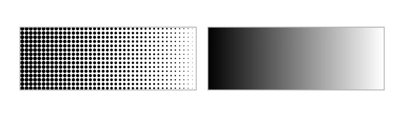 A halftone fade beside a transparent one. The halftone is made of opaque dots at changing density, so it prints cleanly on a garment of any colour.