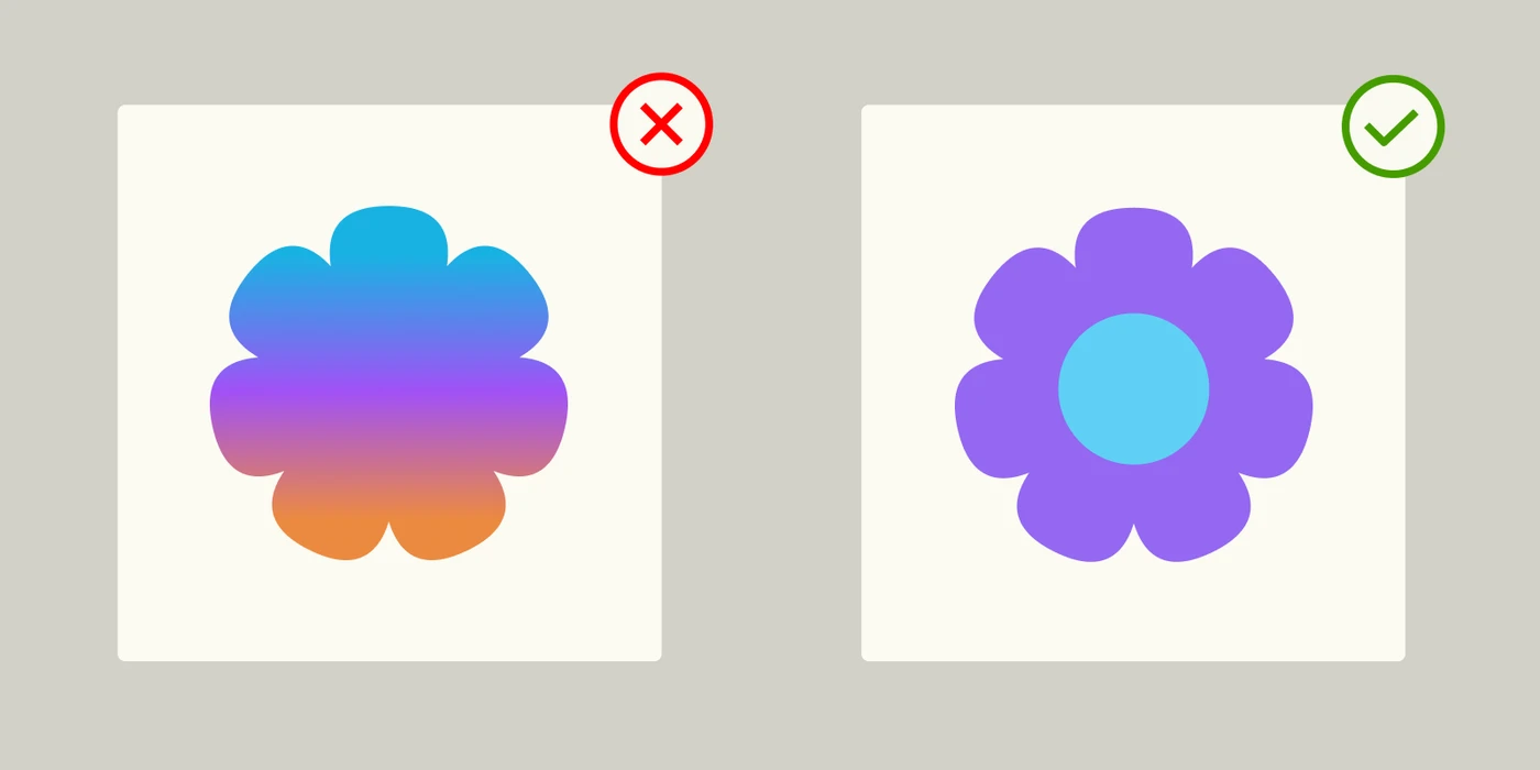 A gradient fill beside flat colour. Thread lays down one solid colour at a time, so the blend on the left has no stitched equivalent.