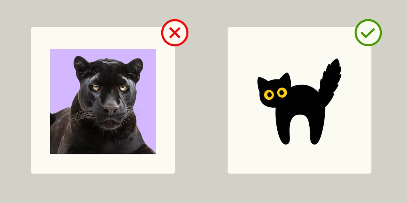 A photographic image beside a simplified illustration. Thread renders shapes, so the version on the right is the one that stitches.