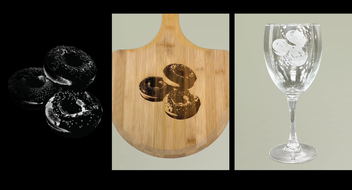 The same artwork engraved. The mark is the material itself — no ink, no colour, one tone.