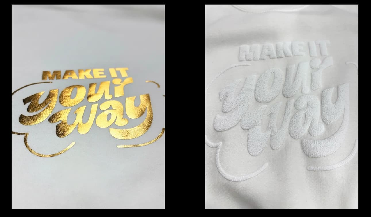 Metallic gold on a finished garment, beside a white puff print. The way the material catches light is the whole point, and it is exactly what a flat preview omits.