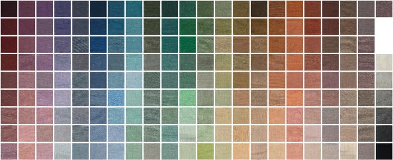 The achievable woven colour range, as physical swatches. Every colour in a design is matched to the nearest of these — note that there is no fluorescent and no pure primary anywhere in it.