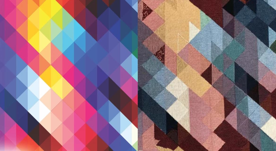 The same artwork as designed and as woven. This is what "matched to the nearest blend" looks like on a saturated palette — worth studying before choosing colours.