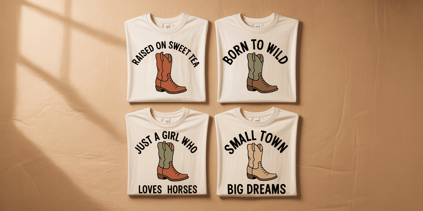 Bulk Slogan + Graphic Generator preview — one cowboy boot illustration paired with multiple country slogans