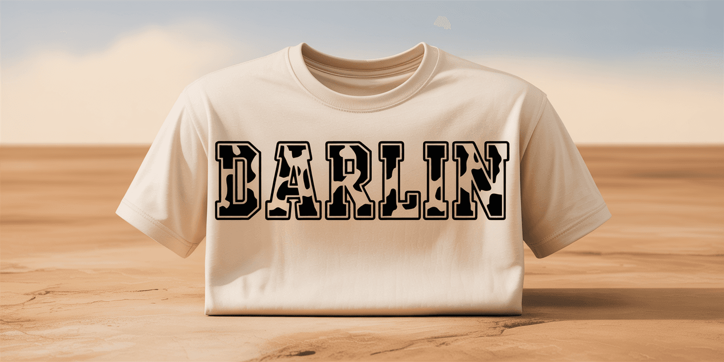 Pattern Fill Text Generator preview — DARLIN slogan filled with a seamless cow-print pattern
