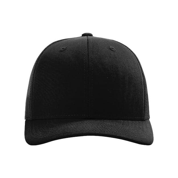 Plain black sustainable trucker cap, front view