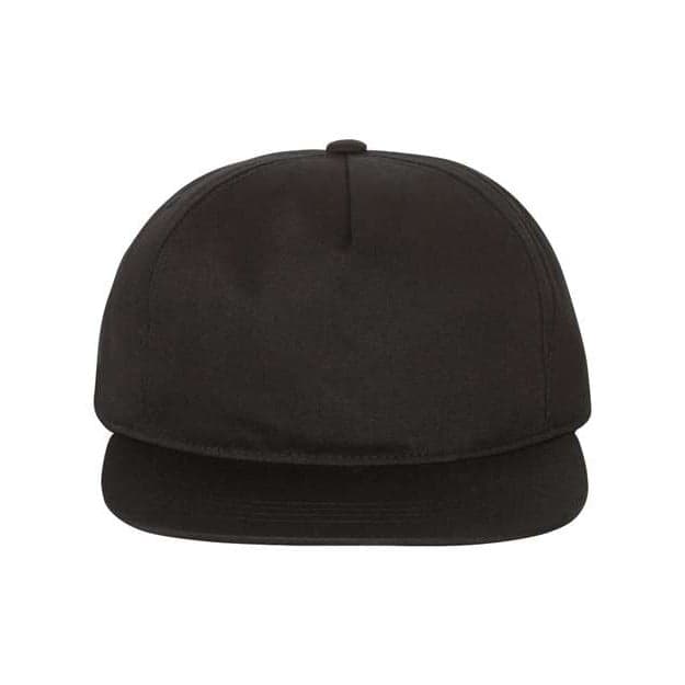 Plain black lightly-structured five-panel snapback cap, front view