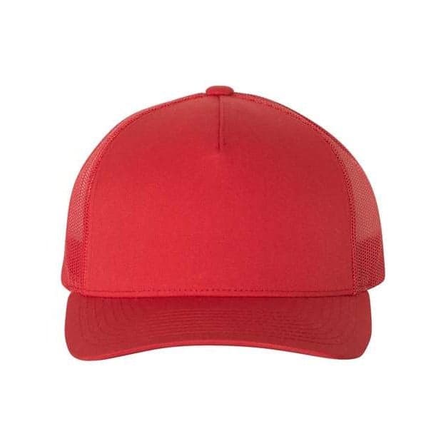 Plain red five-panel retro trucker cap, front view