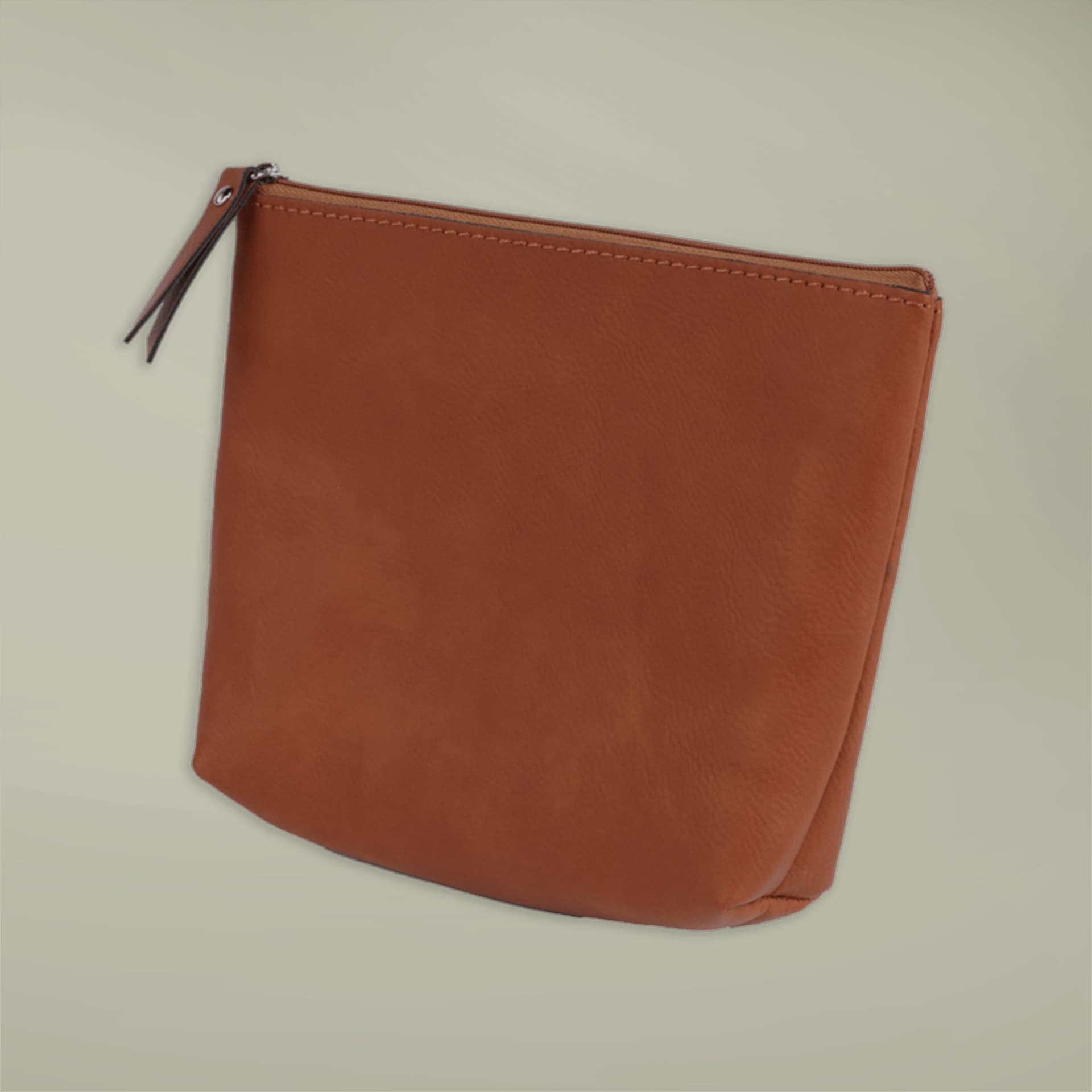 Plain chestnut leather toiletry bag, front view