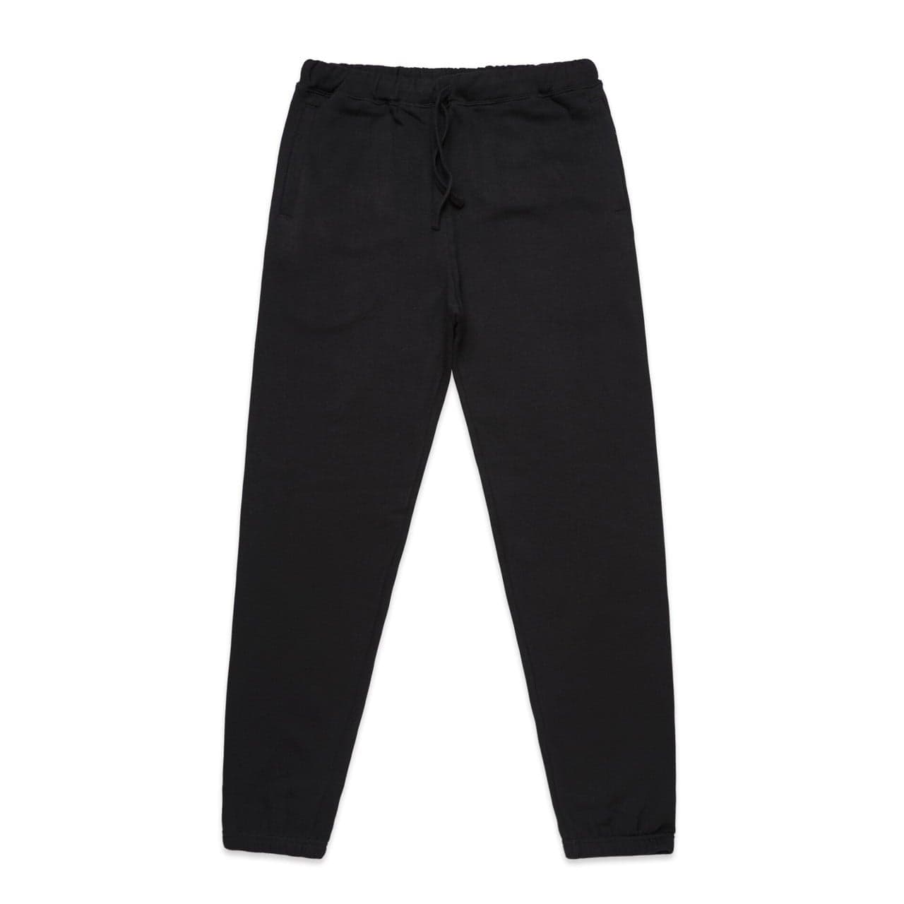 Plain black surplus track pants, front view