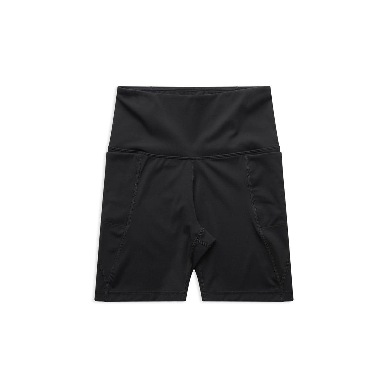 Plain black women's active bike shorts, front view