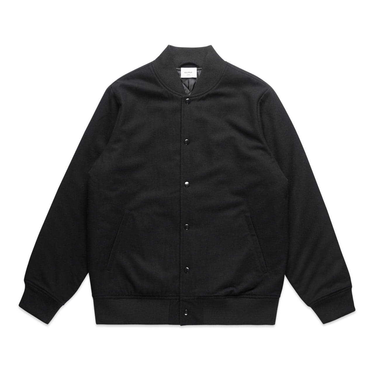 Plain black felt bomber jacket, front view