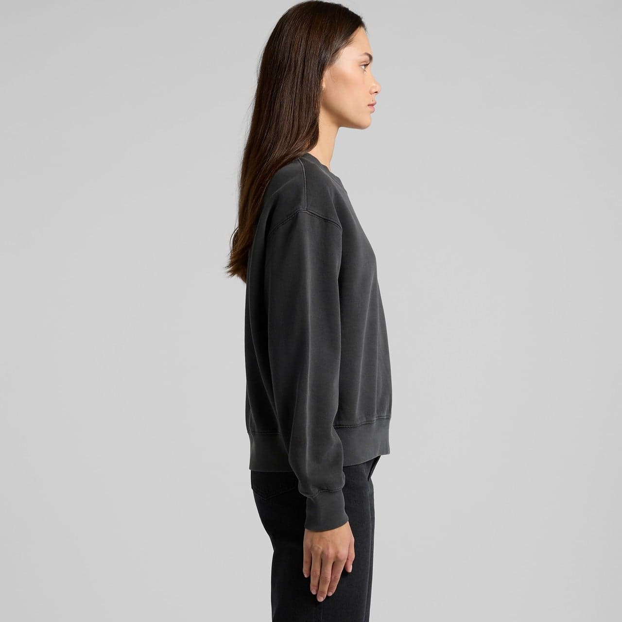 Plain faded black women's relax faded crew, front view