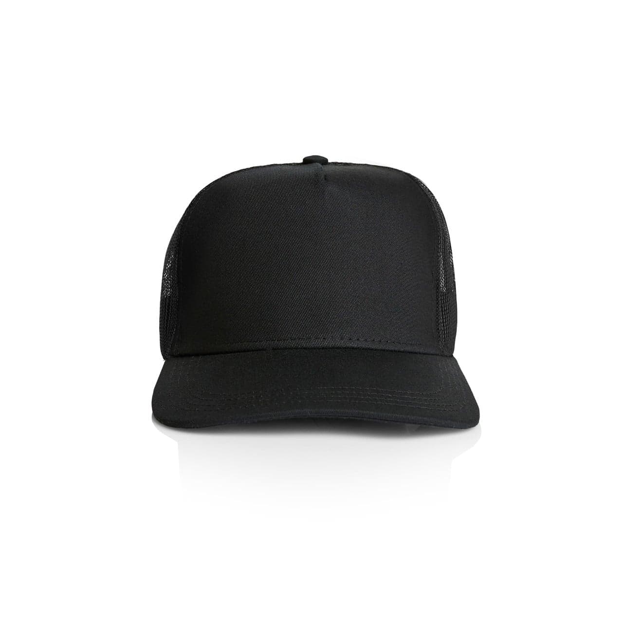 Plain black stock trucker cap, front view