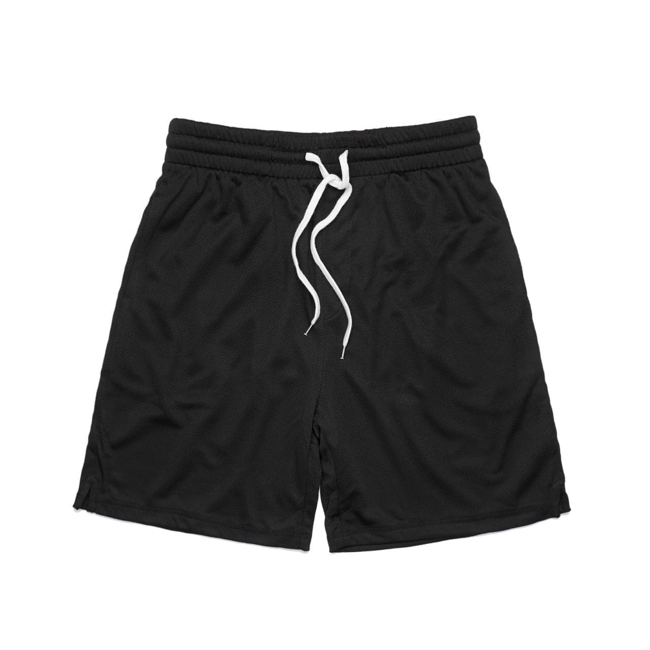 Plain black court shorts 20", front view
