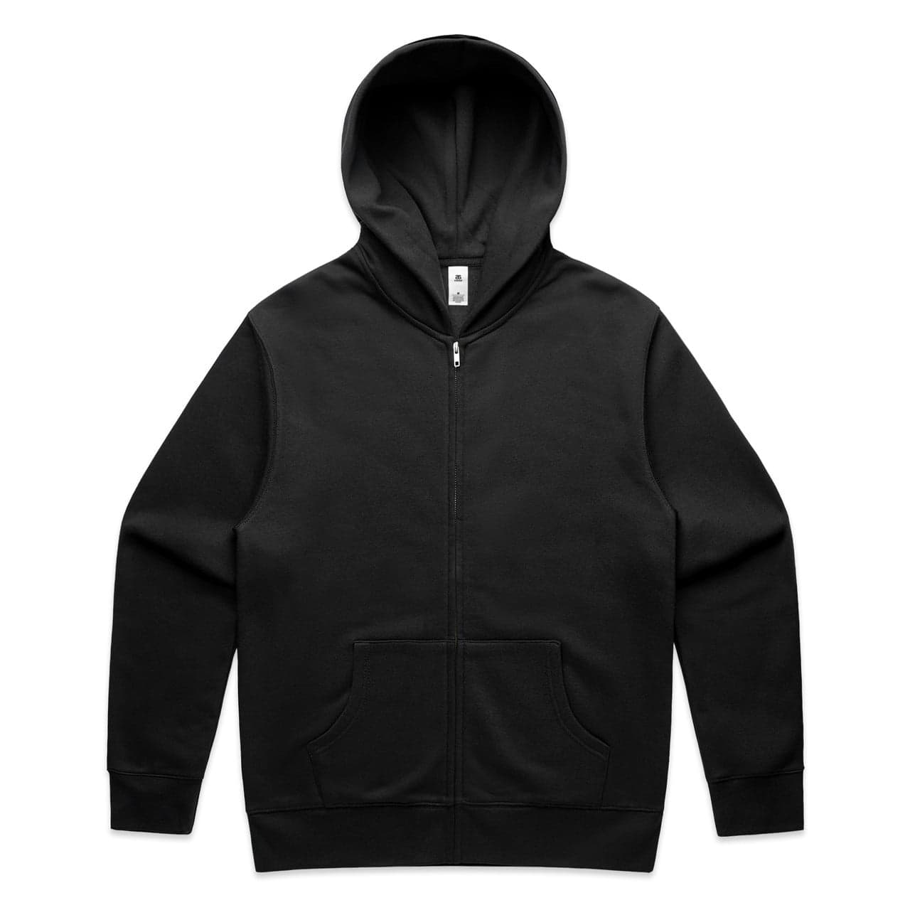 Plain black relax zip hood, front view