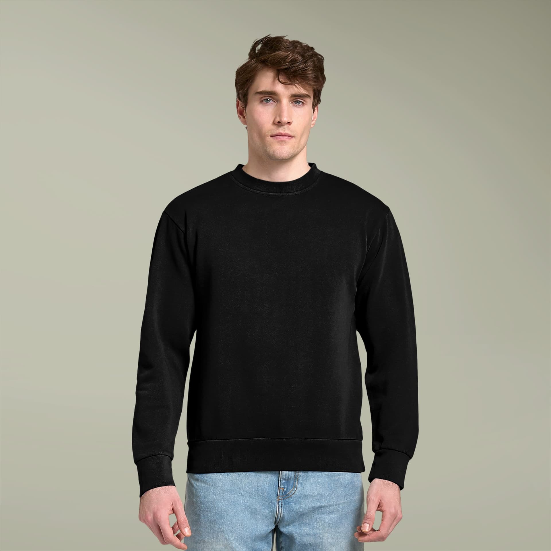 Plain black unisex urban crewneck sweatshirt, front view
