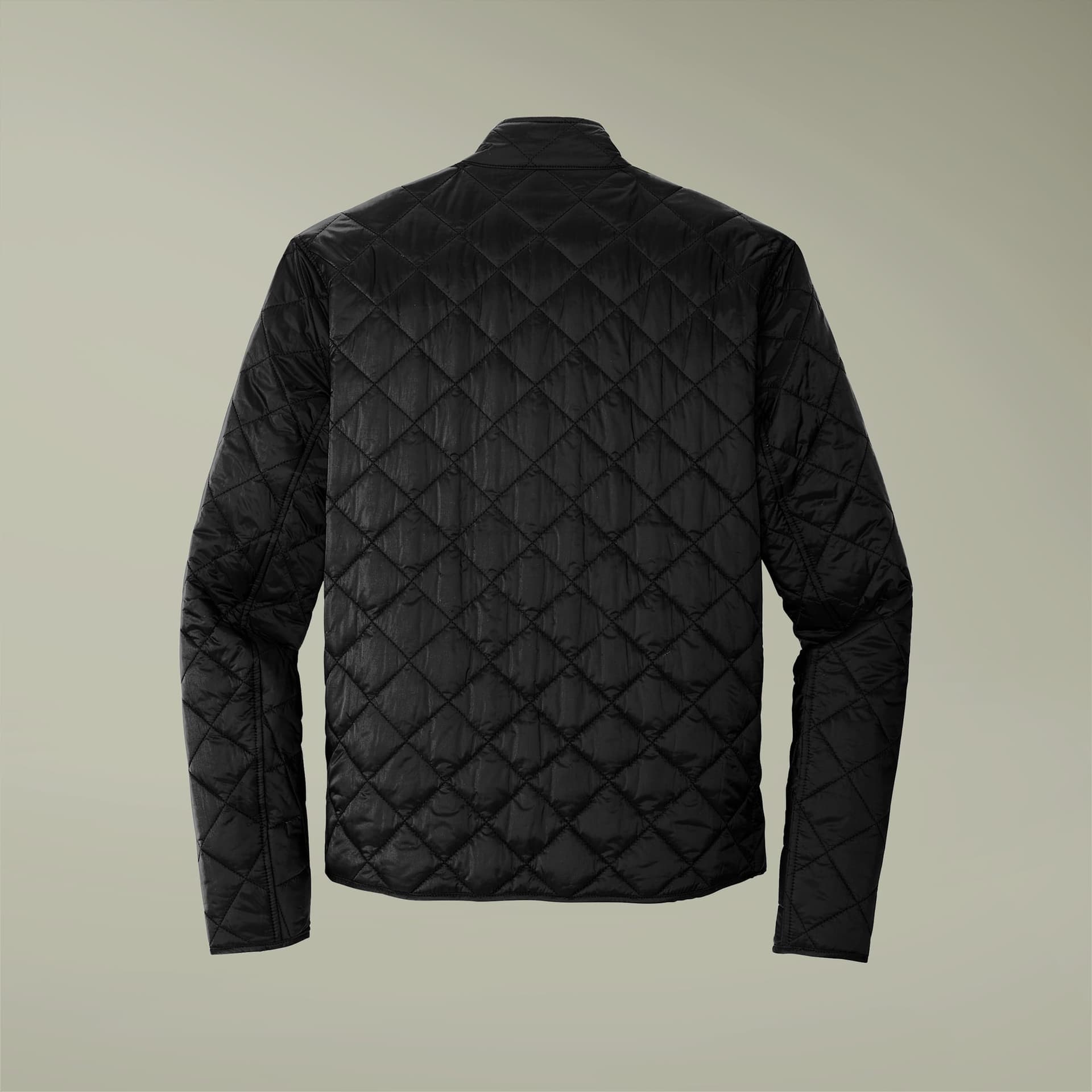 Plain deep black men's quilted full-zip jacket (embroidery), front view — view 2
