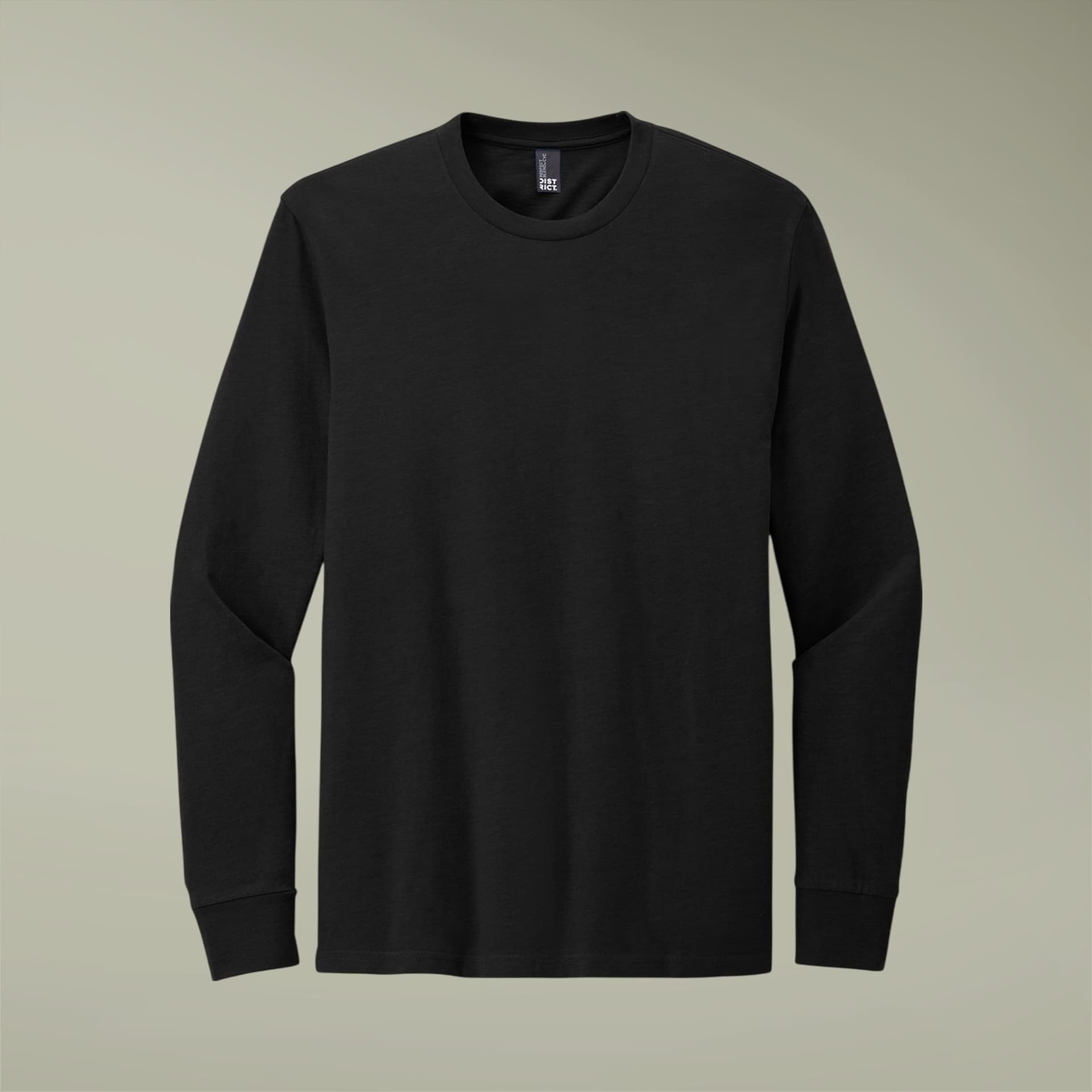Plain black men's long sleeve tee, front view