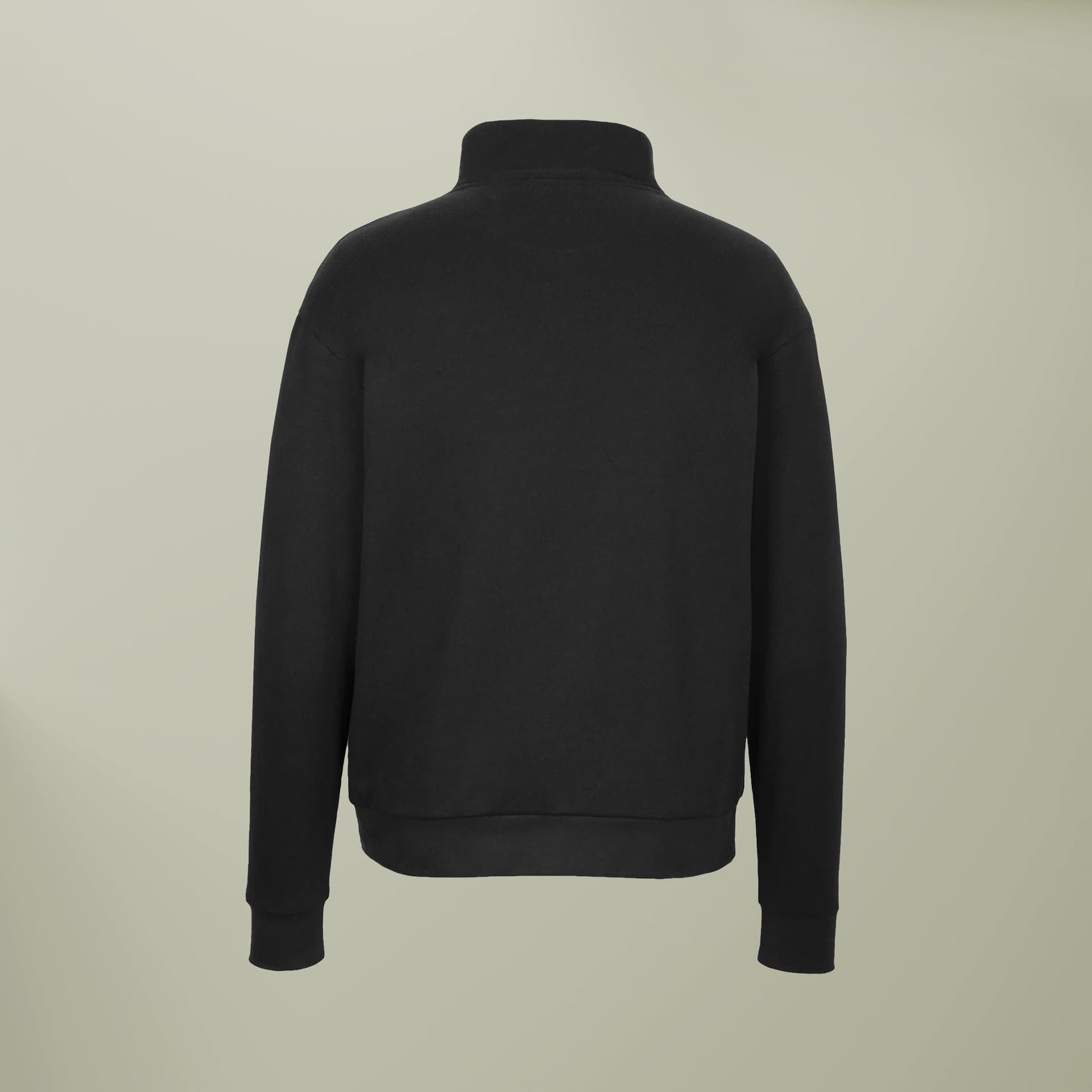 Plain black unisex fleece quarter-zip pullover, front view