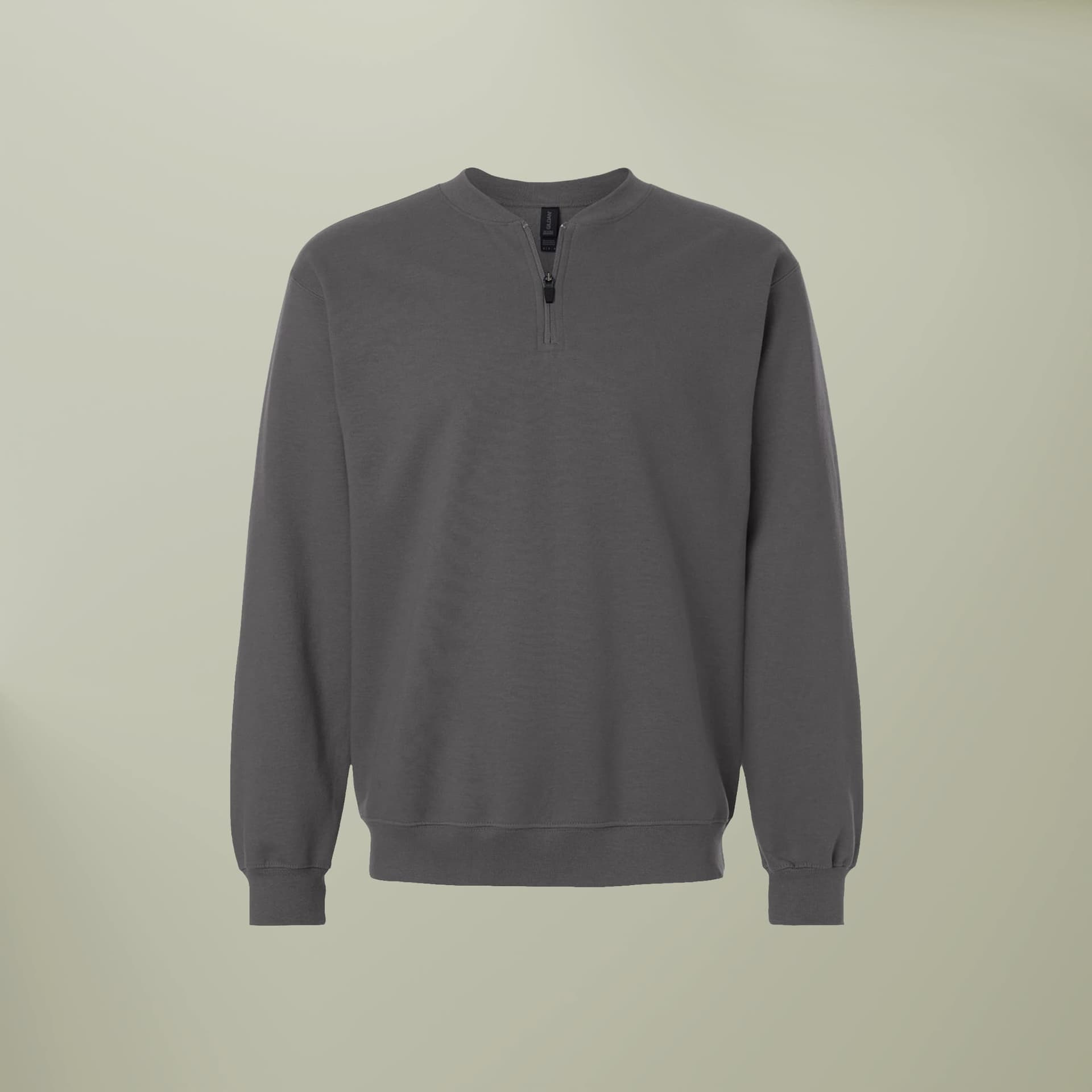 Plain charcoal unisex softstyle® midweight q-zip sweatshirt, front view