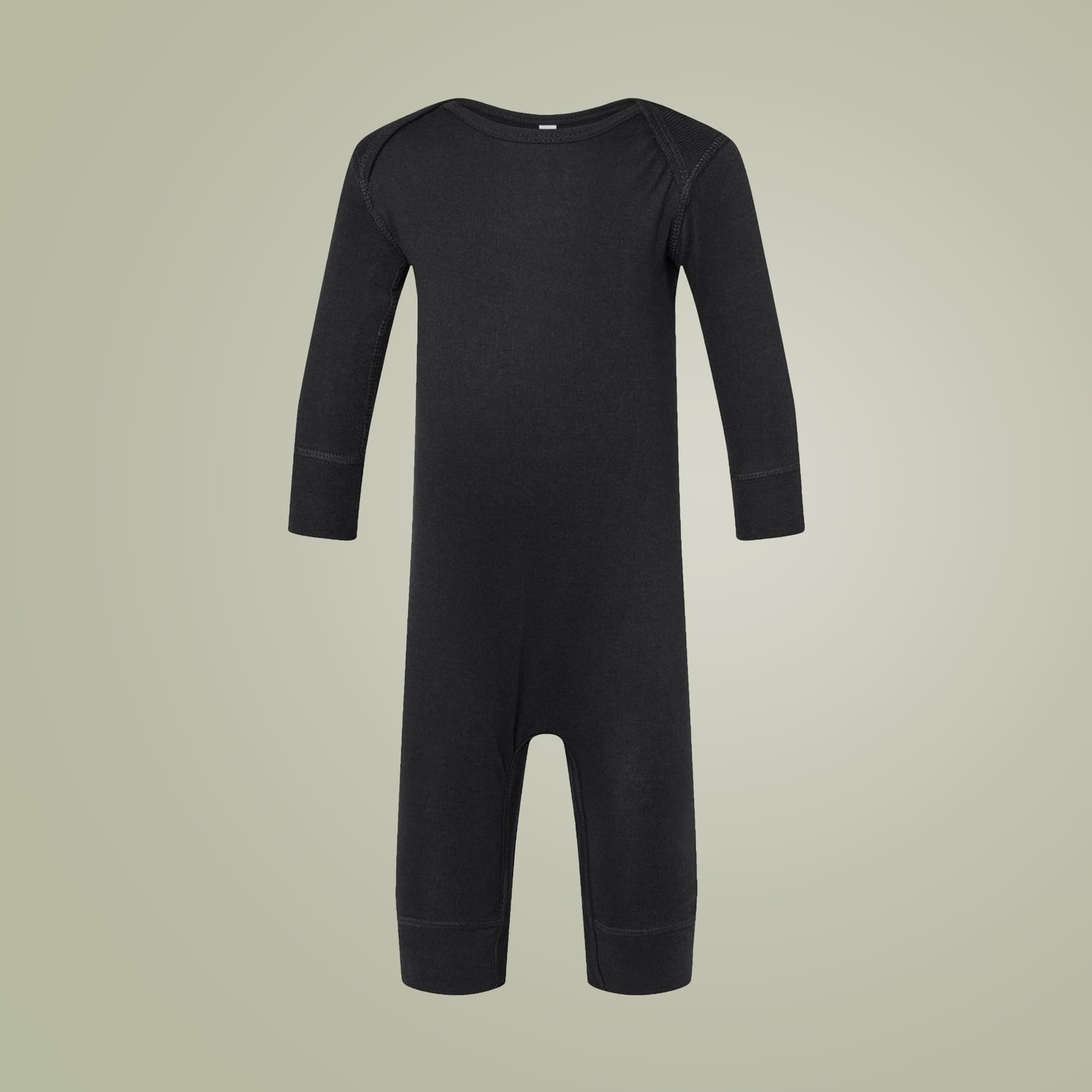Plain black infant long legged baby rib bodysuit, front view