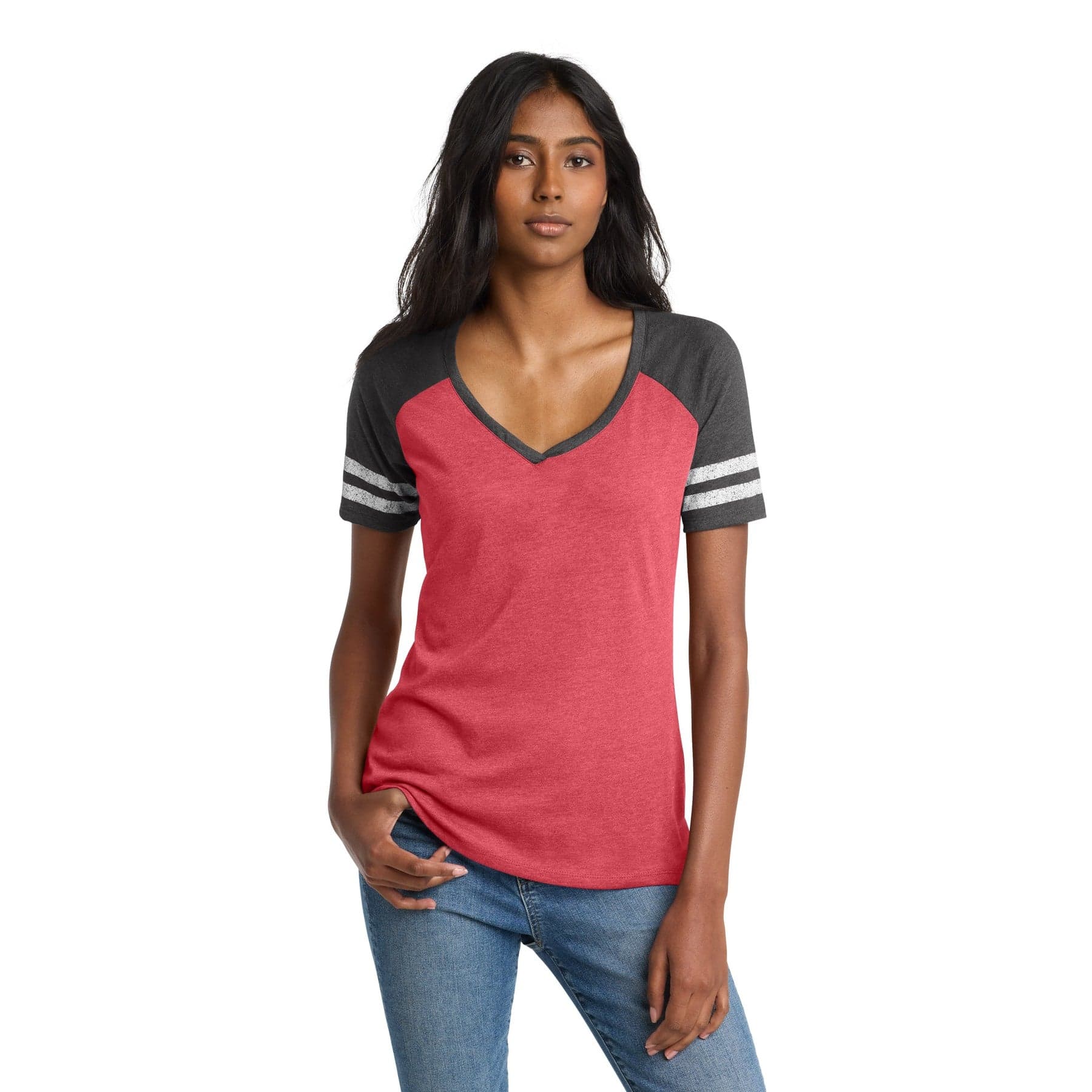 Plain heathered red/ heathered charcoal women's game v-neck tee, front view